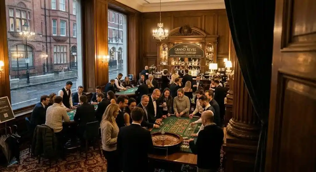 Ekskluzywne miejsce offline przeznaczone do organizacji imprez, oferujące płatne rezerwacje na sesje gier hazardowych (ruletka, poker, blackjack) wyłącznie w celach rozrywkowych